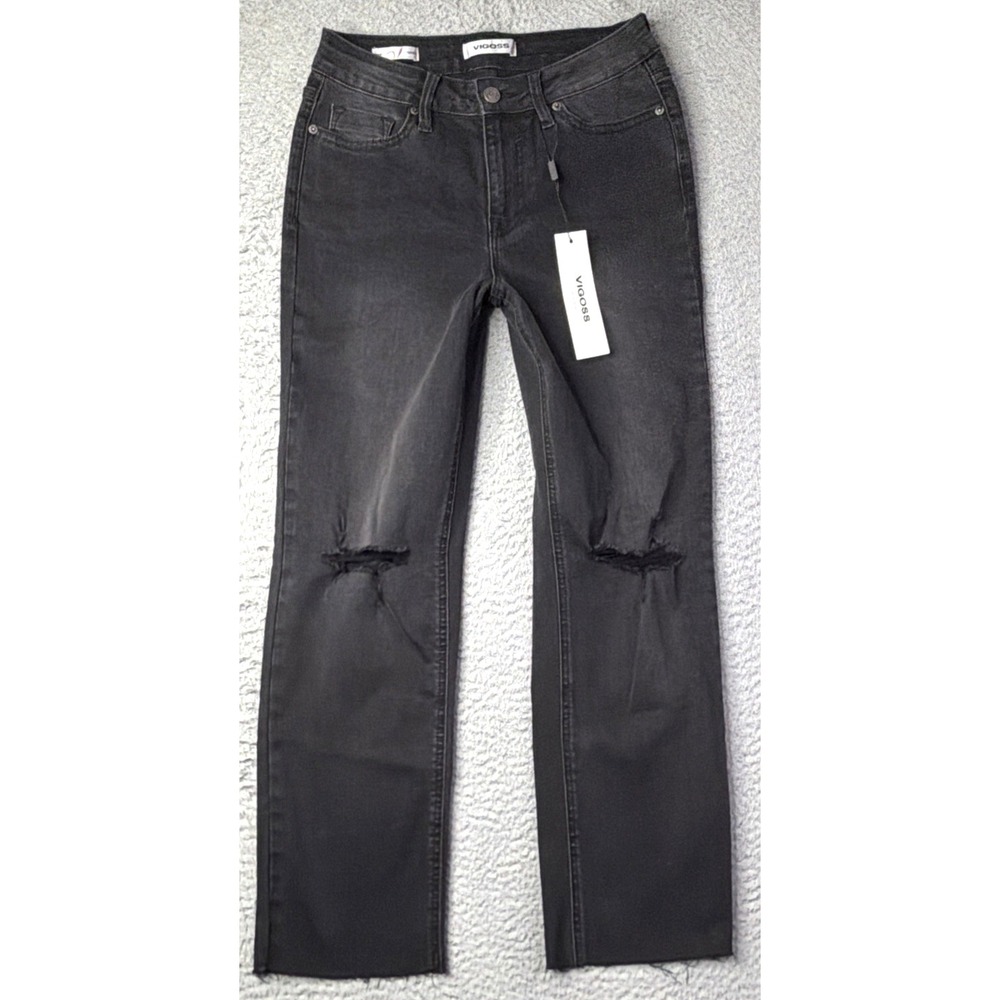 Vigoss Jeans Womens 24 Stevie Crop Straight Dark Grey Mid Rise Distressed NWT